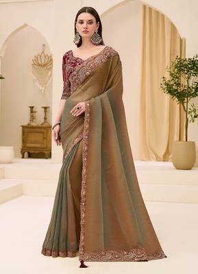 golden brown faux georgette embroidered saree 1