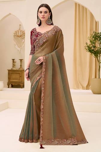 golden brown faux georgette embroidered saree