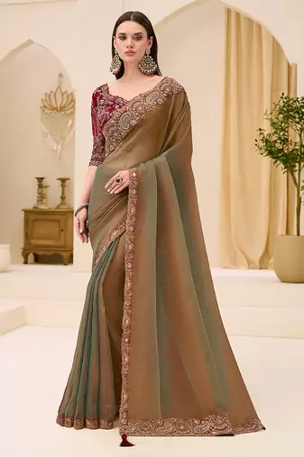 Golden brown faux georgette embroidered saree