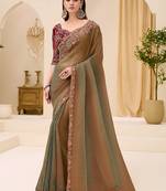 golden brown faux georgette embroidered saree