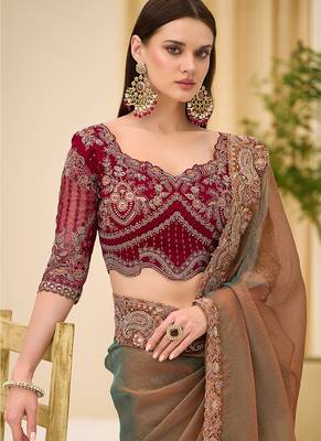 golden brown faux georgette embroidered saree 2