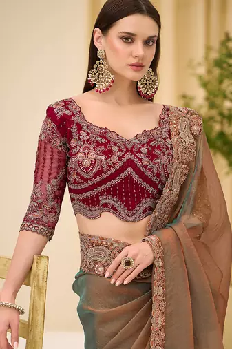 golden brown faux georgette embroidered saree