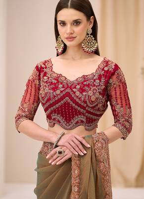 golden brown faux georgette embroidered saree 3