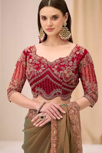 golden brown faux georgette embroidered saree