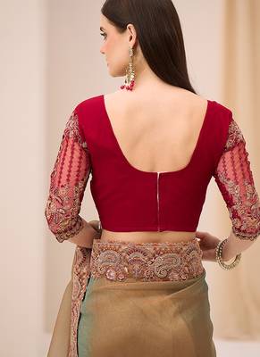 golden brown faux georgette embroidered saree 4