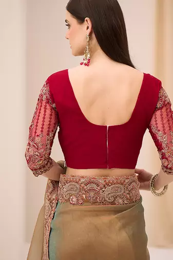 golden brown faux georgette embroidered saree
