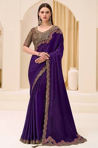 Violet faux chiffon satin embroidered saree