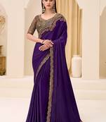 violet faux chiffon satin embroidered saree