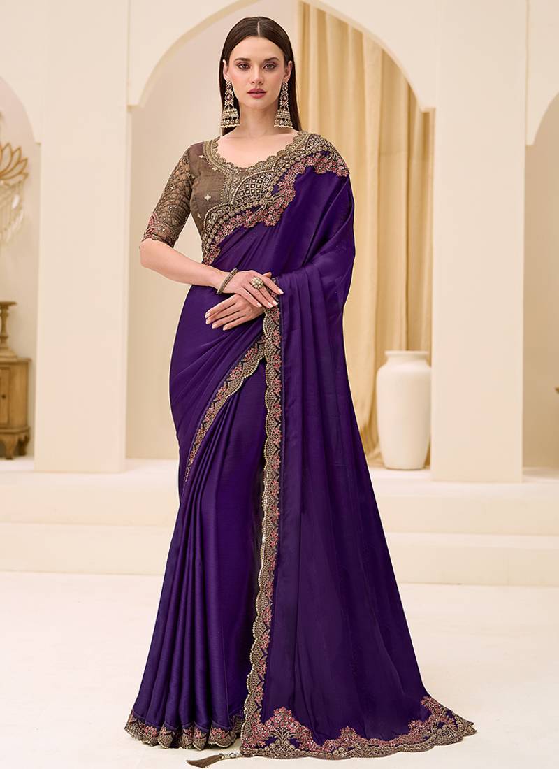 violet faux chiffon satin embroidered saree