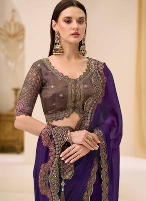 violet faux chiffon satin embroidered saree 2