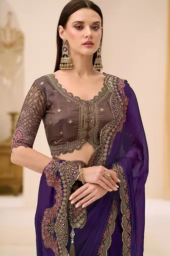 violet faux chiffon satin embroidered saree