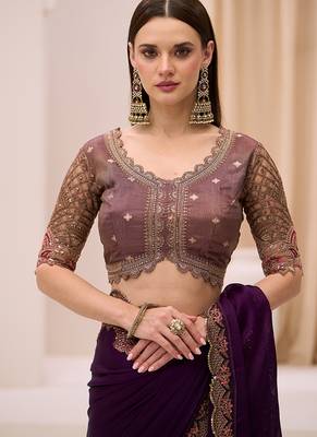 violet faux chiffon satin embroidered saree 3