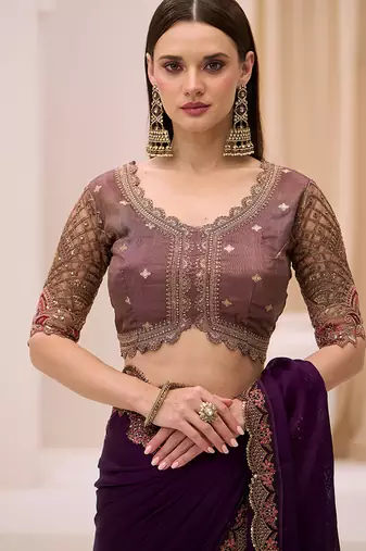 violet faux chiffon satin embroidered saree