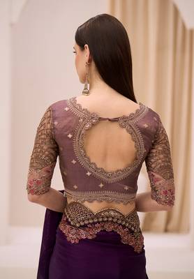 violet faux chiffon satin embroidered saree 4