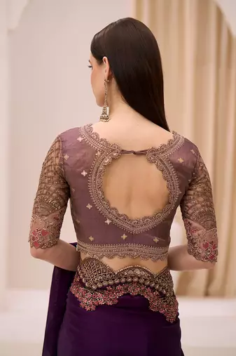 violet faux chiffon satin embroidered saree