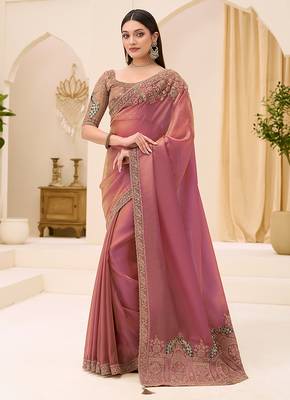 onion pink faux georgette embroidered saree 1