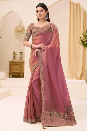 onion pink faux georgette embroidered saree