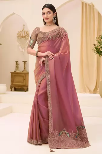 onion pink faux georgette embroidered saree
