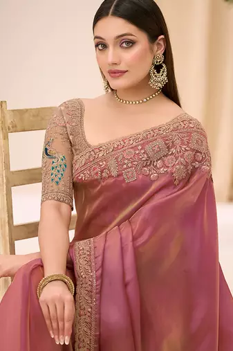 onion pink faux georgette embroidered saree