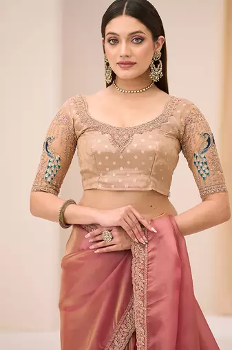 onion pink faux georgette embroidered saree