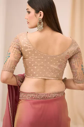 onion pink faux georgette embroidered saree