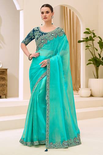 turquoise blue faux georgette embroidered saree