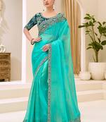 turquoise blue faux georgette embroidered saree