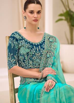 turquoise blue faux georgette embroidered saree 2