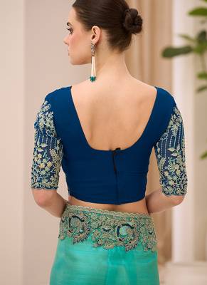 turquoise blue faux georgette embroidered saree 4