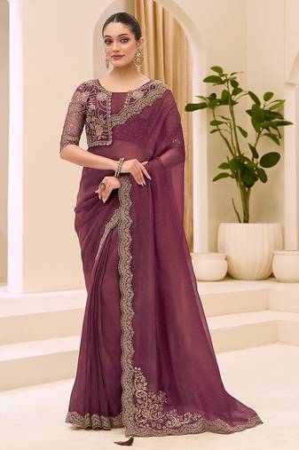 Wine faux georgette embroidered saree