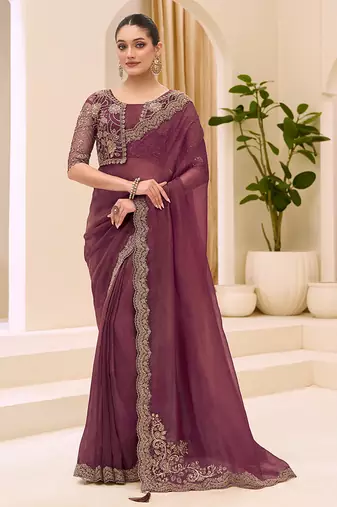 wine faux georgette embroidered saree