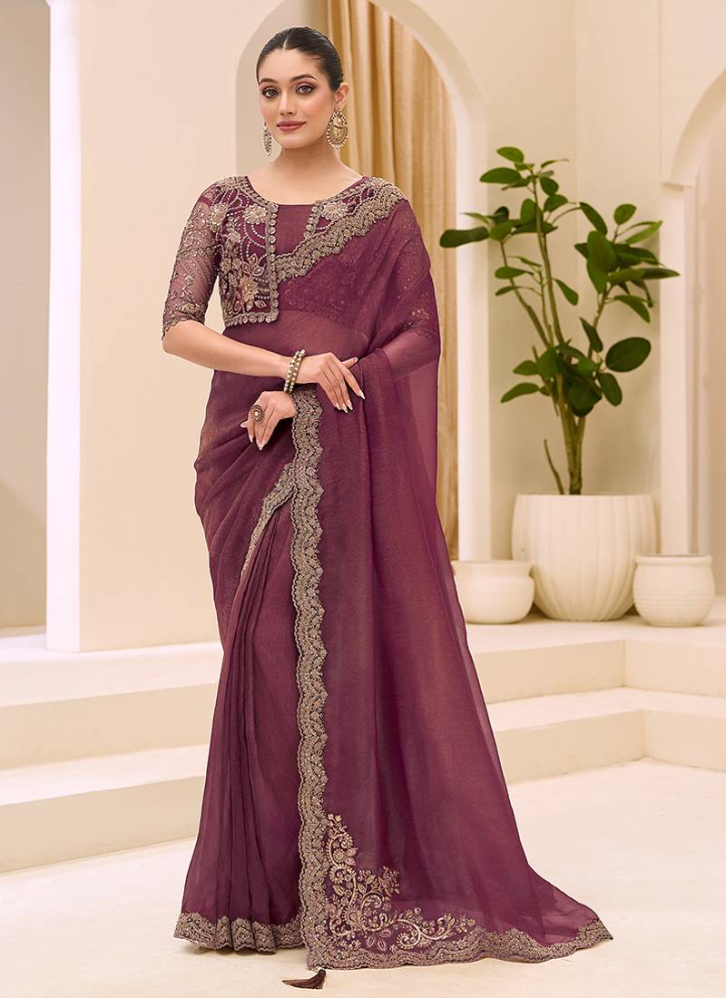 wine faux georgette embroidered saree