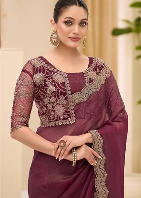 wine faux georgette embroidered saree 2
