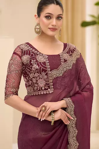wine faux georgette embroidered saree