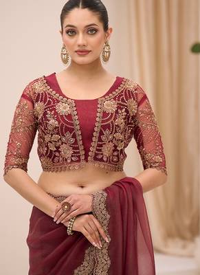 wine faux georgette embroidered saree 3