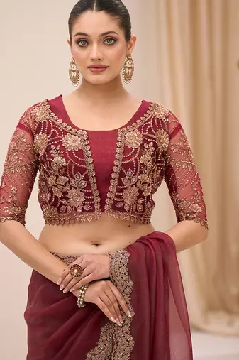 wine faux georgette embroidered saree