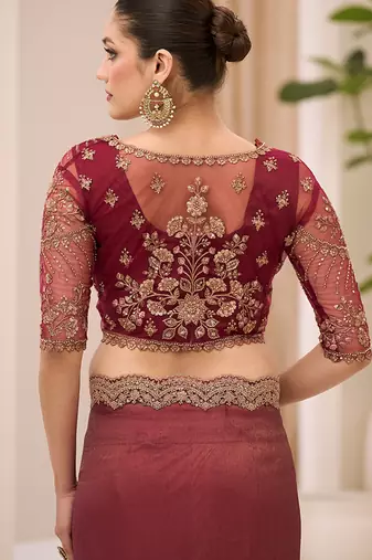 wine faux georgette embroidered saree