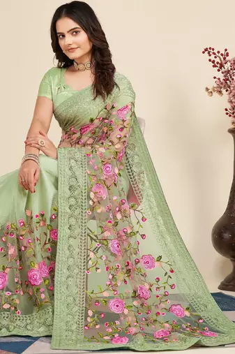 Women Light Green Floral Embroidered Designer Saree