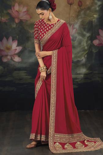 red  embroidered silk blend saree