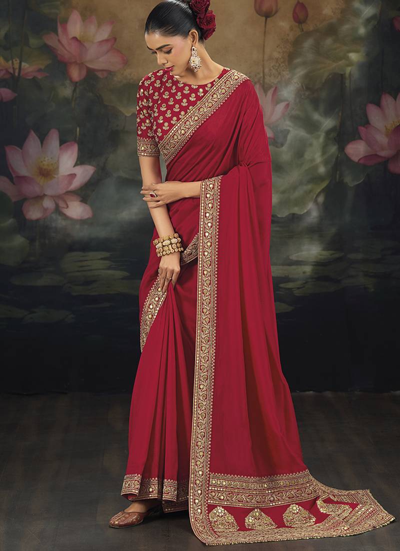 red  embroidered silk blend saree