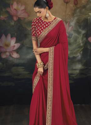 red  embroidered silk blend saree 2