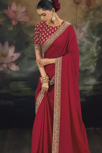 red  embroidered silk blend saree