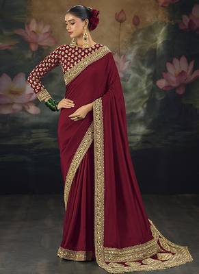 maroon embroidered  silk blend saree 1
