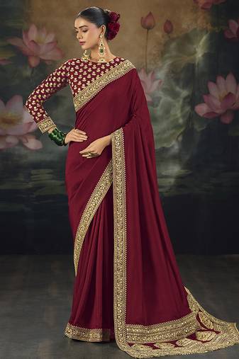 maroon embroidered  silk blend saree