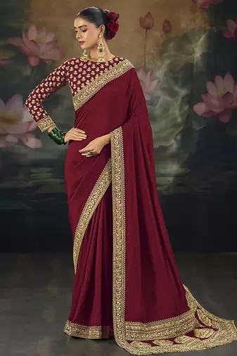 maroon embroidered  silk blend saree
