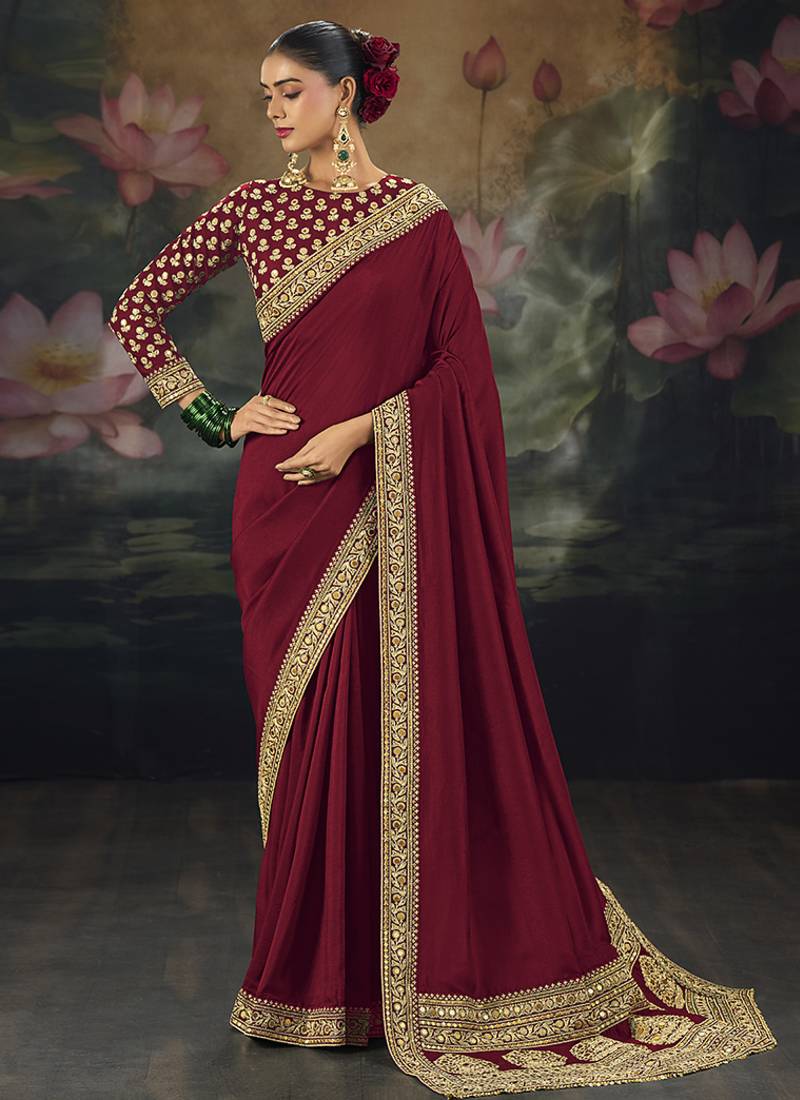 maroon embroidered  silk blend saree