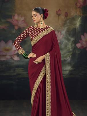 maroon embroidered  silk blend saree 2