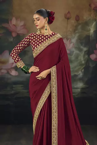 maroon embroidered  silk blend saree