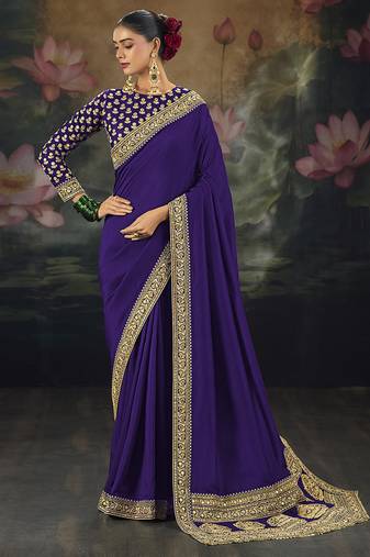  purple embroidered  silk blend saree