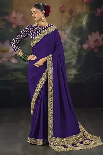  purple embroidered  silk blend saree